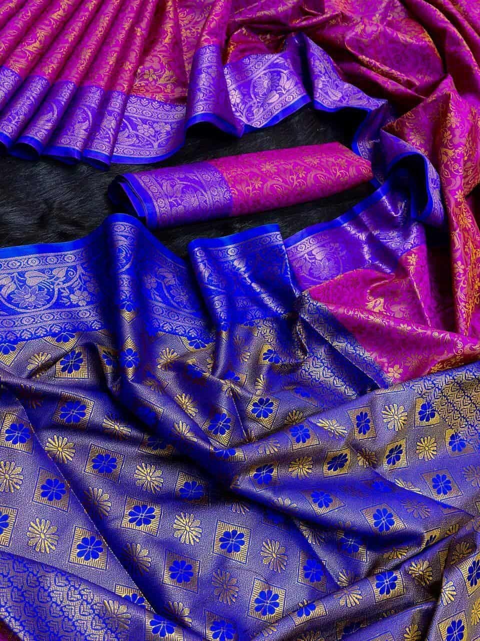 দেশীয় কাঞ্জিভরম শাড়ি ফুল ১৪ হাত - ম্যাচিং ব্লাউজ পিচ (code-13) - Image 5