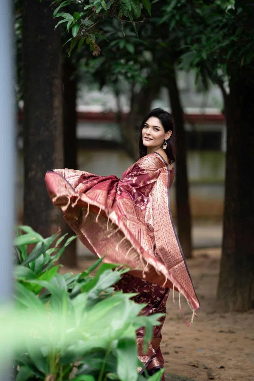 সফট সিল্ক কাশ্মেরী কাতান শাড়ি - ম্যাচিং ব্লাউজ পিচ (code-14) - Image 7