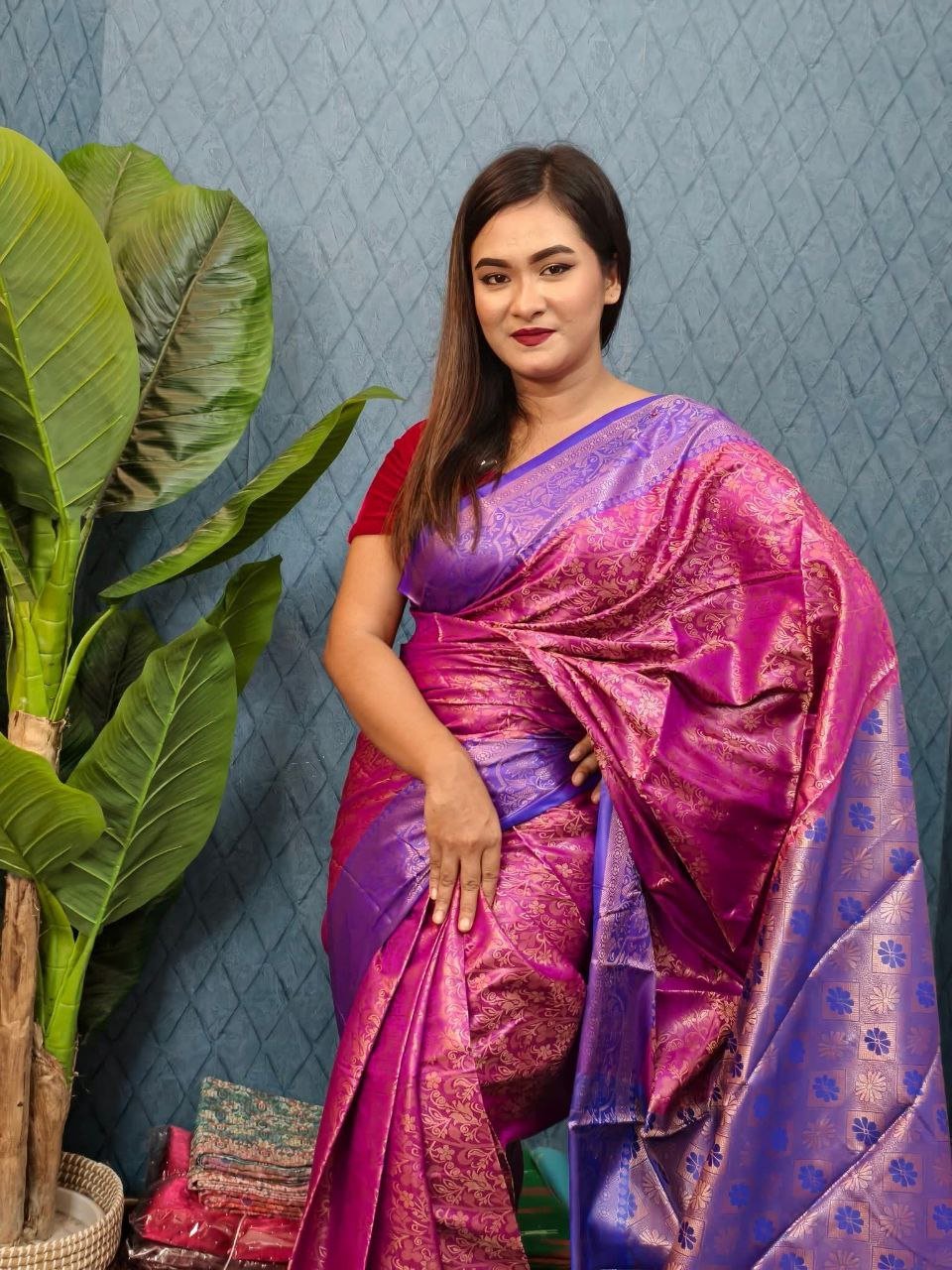 কালার কন্টাস্ট কাঞ্চি কাতান শাড়ি + ব্লাউজ পিছ (code-37) - Image 2