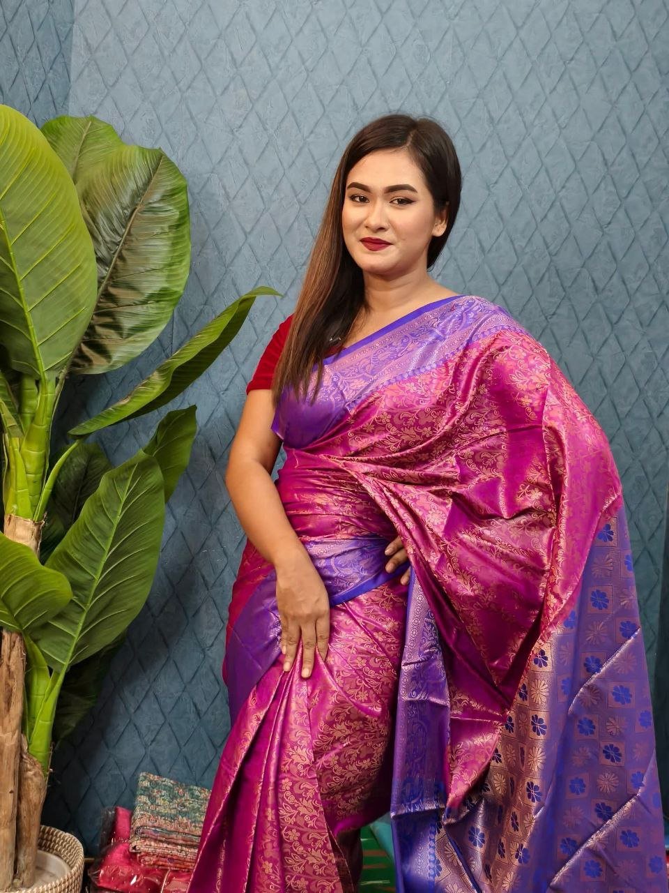 কালার কন্টাস্ট কাঞ্চি কাতান শাড়ি + ব্লাউজ পিছ (code-37) - Image 3