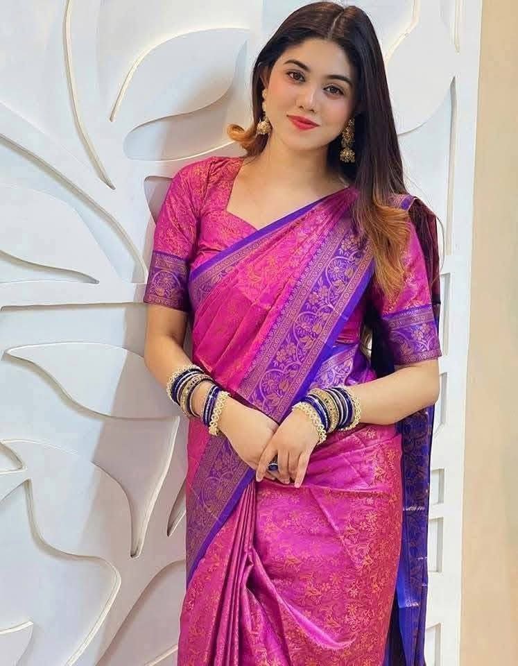 কালার কন্টাস্ট কাঞ্চি কাতান শাড়ি + ব্লাউজ পিছ (code-37) - Image 4